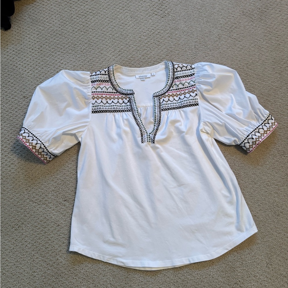 Chico's White Blouse with Embroidered Accents